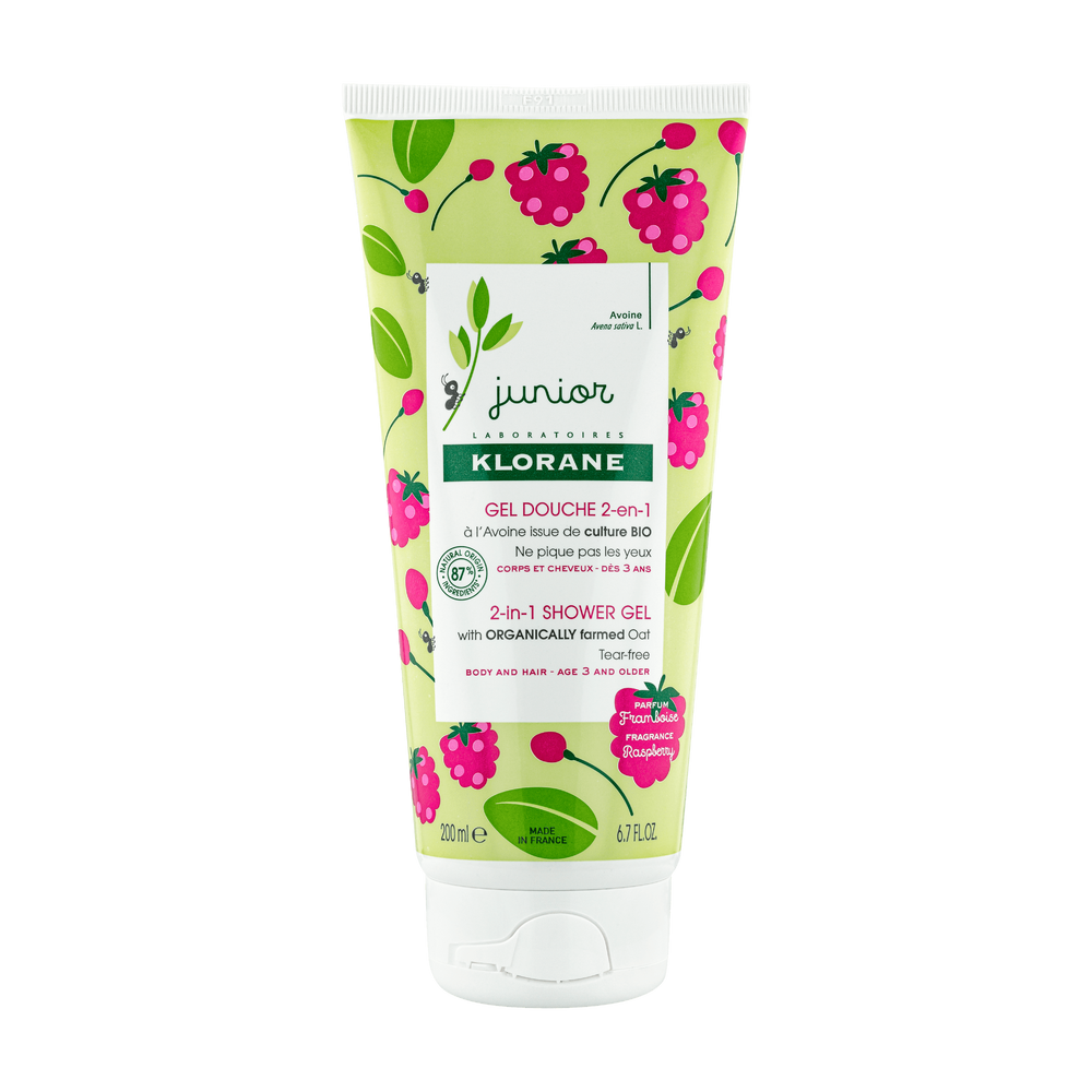 Klorane - Junior - Gel douche 2-en-1 à l’Avoine BIO - Framboise - Corps et Cheveux - Enfant